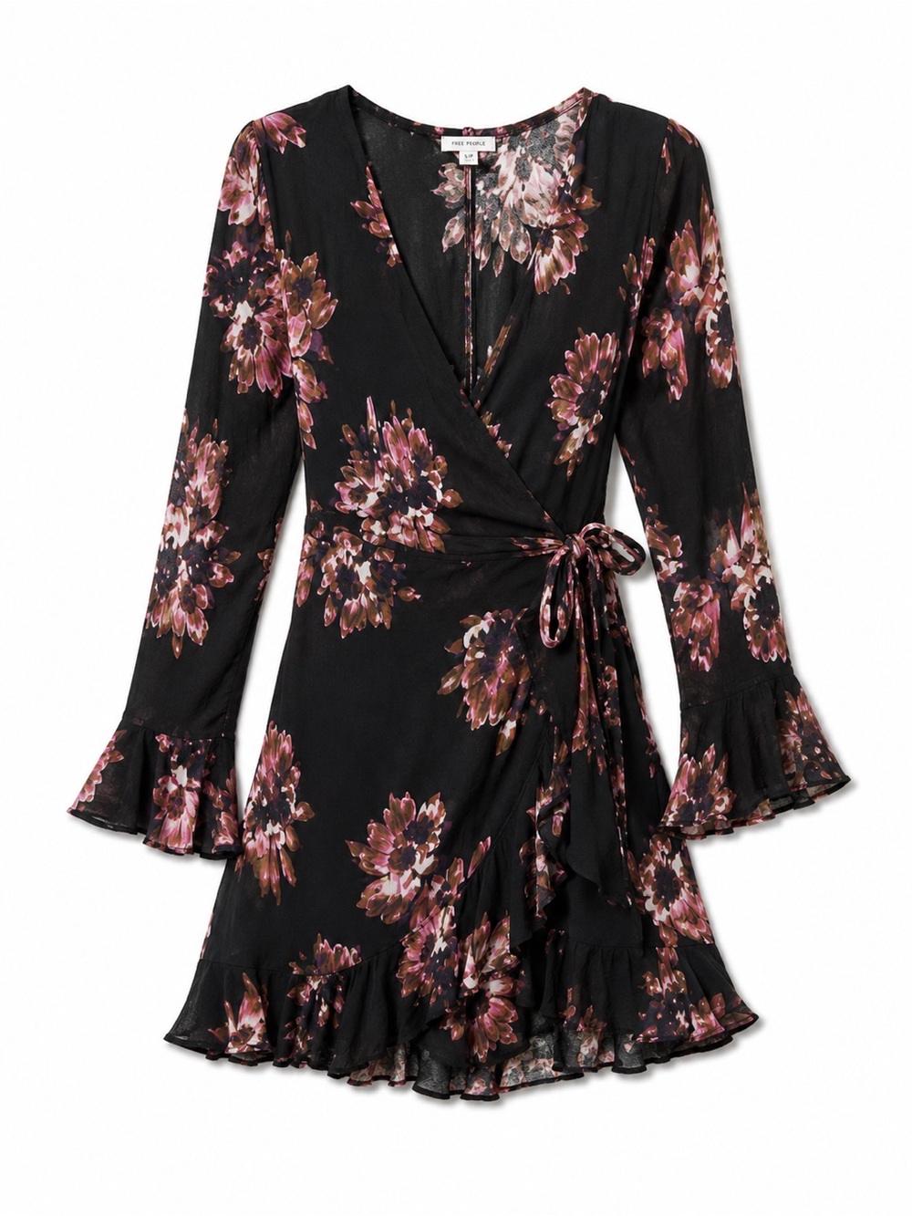Free People Black Wrap Dress with Mauve Floral Print